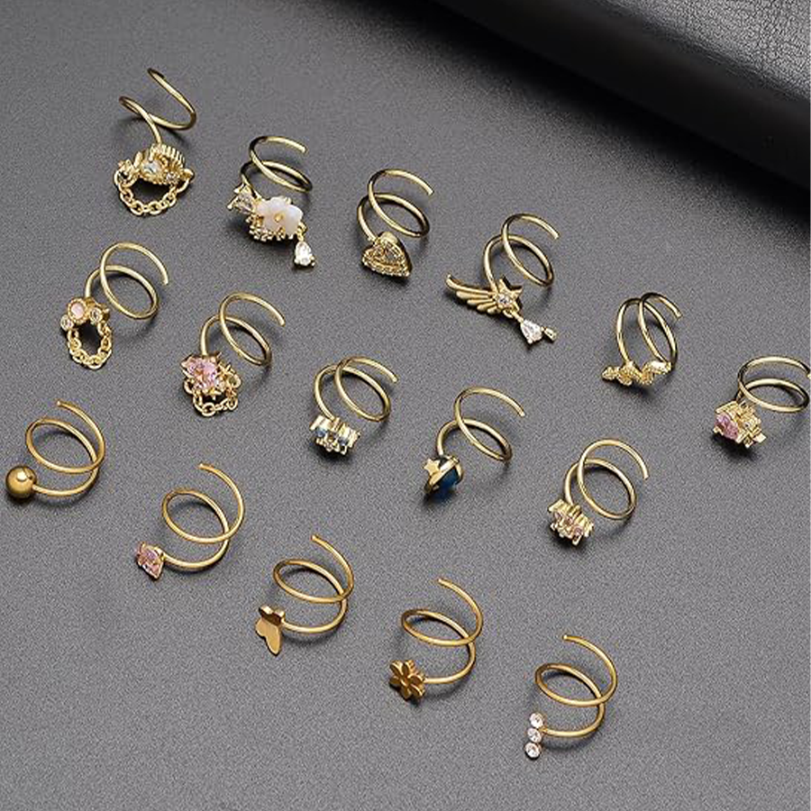 16PCS Nose Ring Hoop Stainless Steel Dangle Spiral Nose Rings Snake Flower Butterfly Wings Heart Ball Twist Earring Hoops Body Piercing Jewelry