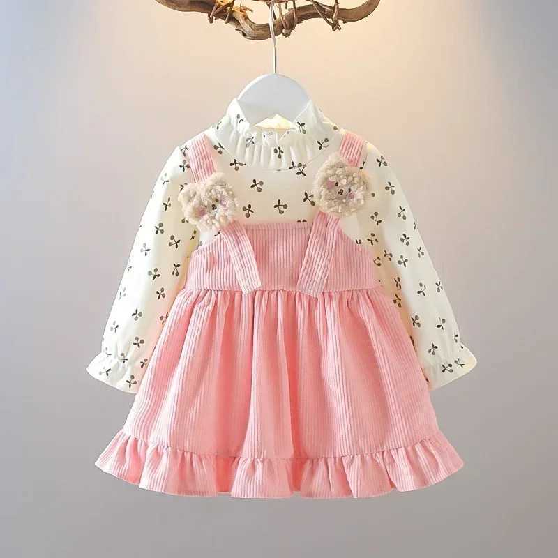 Girls 2025 Spring Autumn Long Sleeve Pinafore Dress with Cute Cherry Bear Print Casual Outfit L2509267Z29
