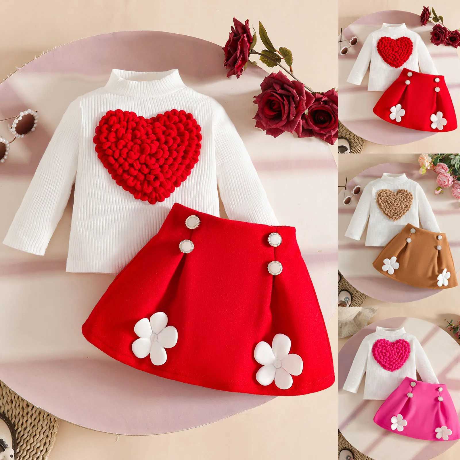 Teen Athletic Wear Sweet Baby Girl Long Sleeved Heart Top Skirt Suit Three Heart T Shirt Patch Skirt Sweat Set Kids Girls L250926P5E2