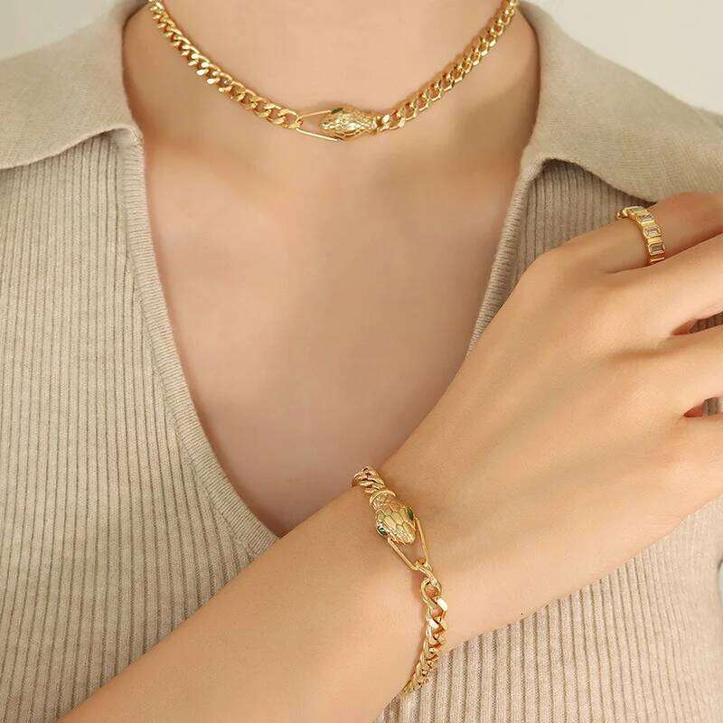 Nivora Trendy Stainless Steel Jewelry Sets Cuban Chain Snake Head Zircon Bracelet Necklace For Women Men Gold Plated Jewellery