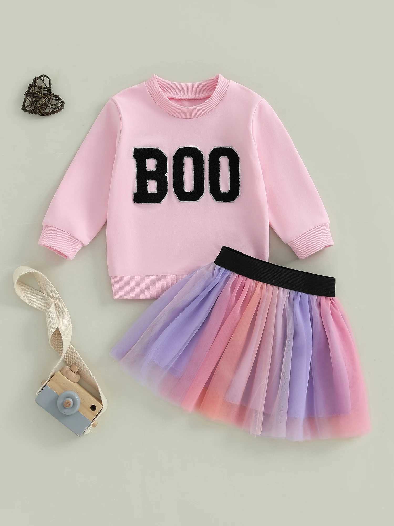 Cute Toddler Pumpkin Costume Embroidered Long Sleeve Sweatshirt Elastic Waist Tulle Skirt 2 Piece Set for Halloween Party L250926IPWZ