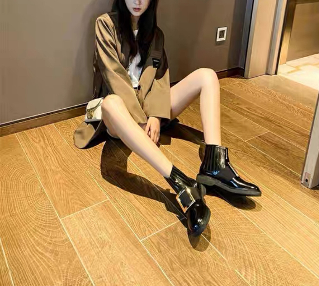 Ddmysports Patent Leather Rhinestone Square Buckle Flat Toe Marten Boots Women S Round Low Heel Adjustable Strap Short Rubber Sole Outdoor Shoes
