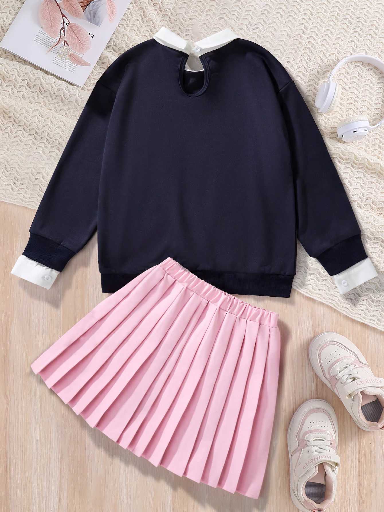 Girls Casual Preppy Dress Pink Long Sleeve Spring Autumn Fashion Outdoor Letter Print Lapel Pleated Skirt 2pc Set L250926MN68