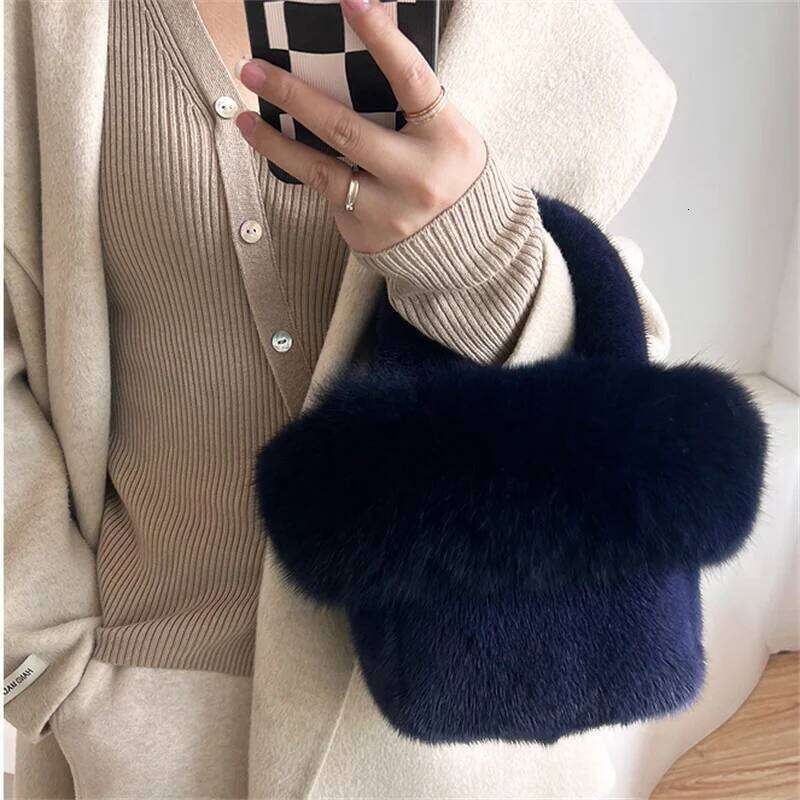 New Real Mink Fox Fur Women Handbags Female Multifunctional Large Capacity Basket Fashion Wrist Bags For Ladies Phone Purse