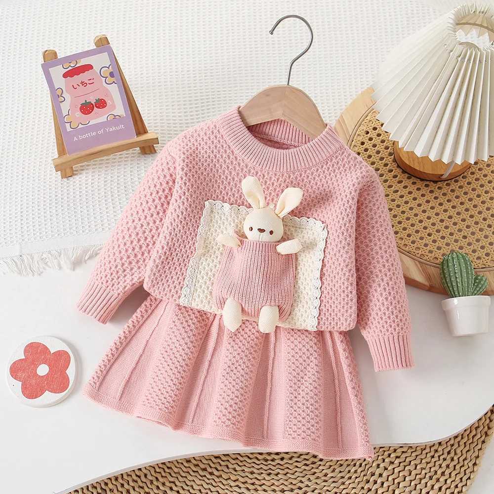 Childrens Clothing Sets Bunny Embellished Knitted Top Pleated Skirt Winter Baby Girl Clothes Kids Knitwear Sweater L250926NXQL