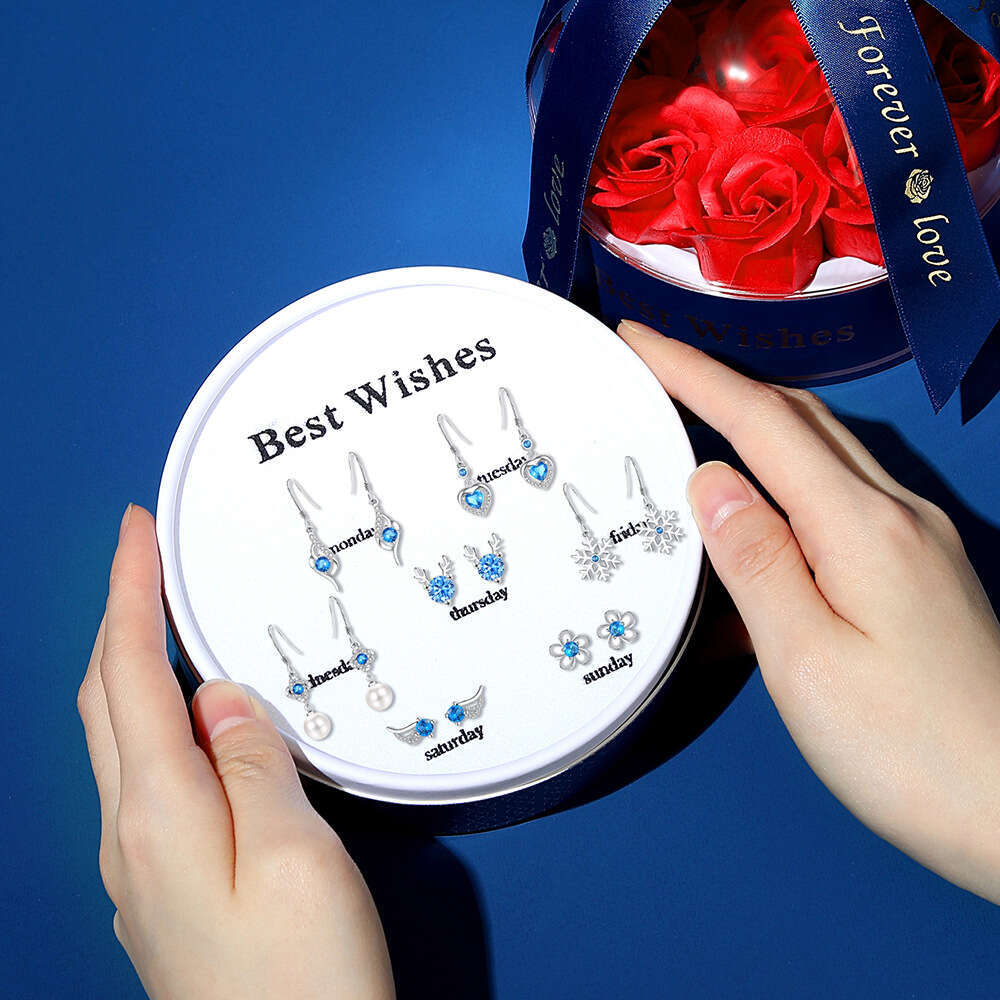 S999 Sier Needle One Week Box Set 2025 New Elegant Versatile Petite Earrings Gift