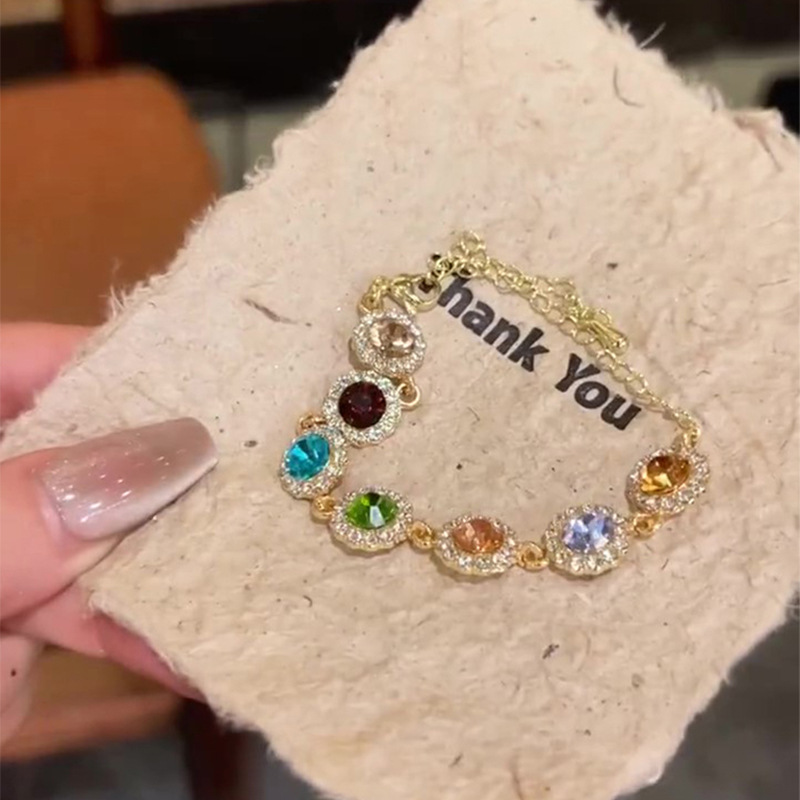 Gold - Toned Multi - Colored Gemstone Bracelet With Crystal Halos Delicate Daily & Vibrant Jewelry Gift For Her High - Quality And Eye - Catching Acce