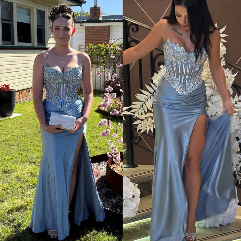 Sweety Mermaid Evening Dress Strapless Sleeveless Beading Prom Gowns Beaded High Splits Floor Length Formal Dresses Customized