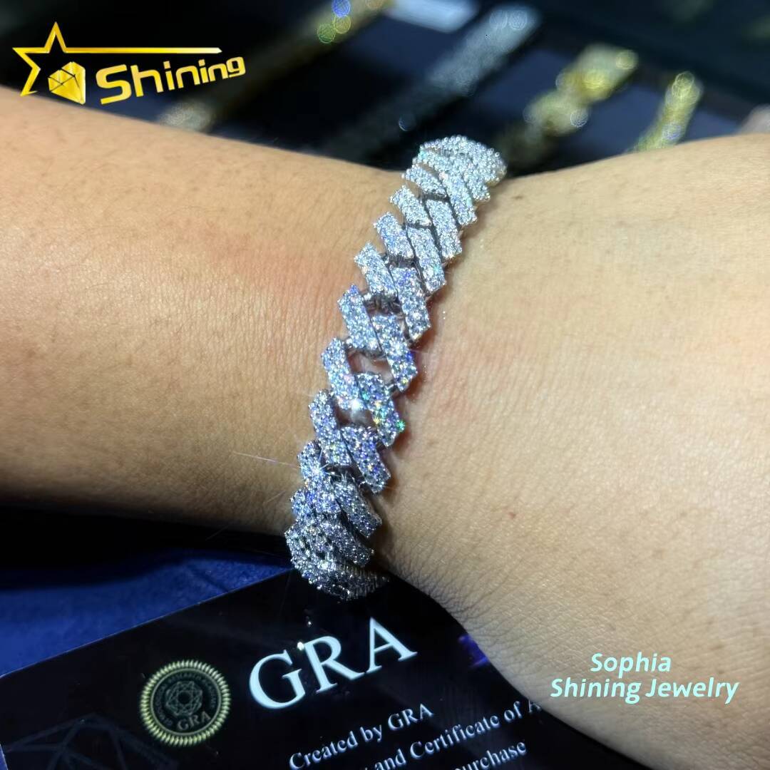 New Stocks 12mm 925 Silver Cuban Link Chain Hip Hop Jewelry Men Iced Out Moissanite Diamond Cuban Bracelet