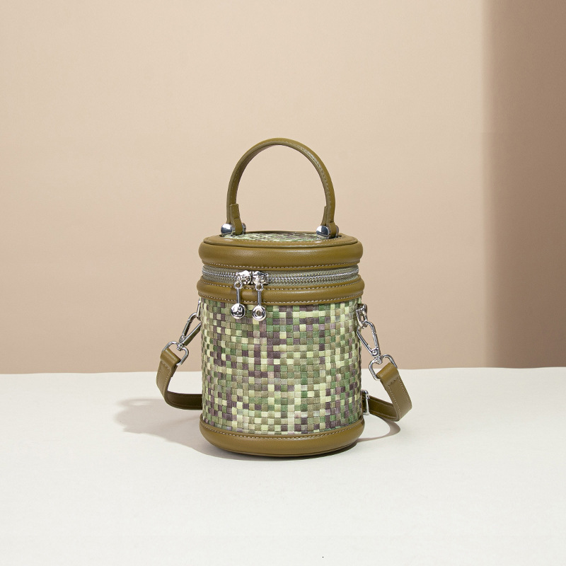 Light Luxury for Women Washed Denim Color-Block Niche Design Fortune Bucket Woven Handbag Tote Cylinder Bag