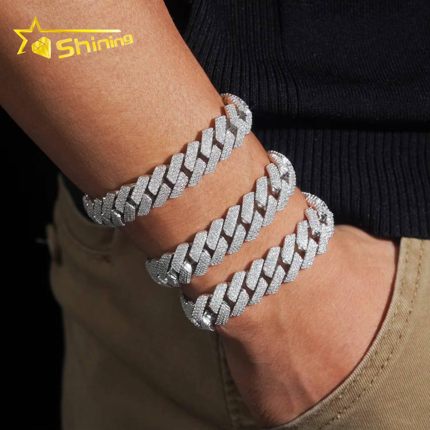 Hip Hop Mens Bracelet Fine Jewelry 925 Sterling Silver 15mm 3rows 4rows Moissanite Cuban Bracelet GRA Certificated