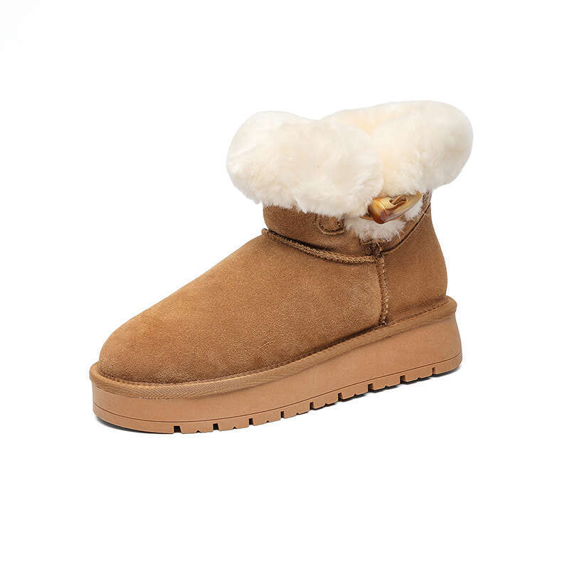 Sheepskin Thick-Soled Snow Boots for Women with Horn Buckle, Short Tube, Thickened, Warm, Fleece-Lined, New Winter 2024