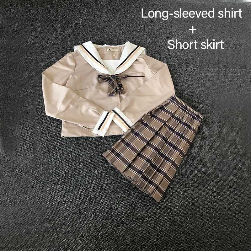 School Dresses Japanese College Middle School Uniform For Girls Jk Uniforms Lady Sailor Suit Tea Brown Color Plaid Pleated Skirt L250926Y07E