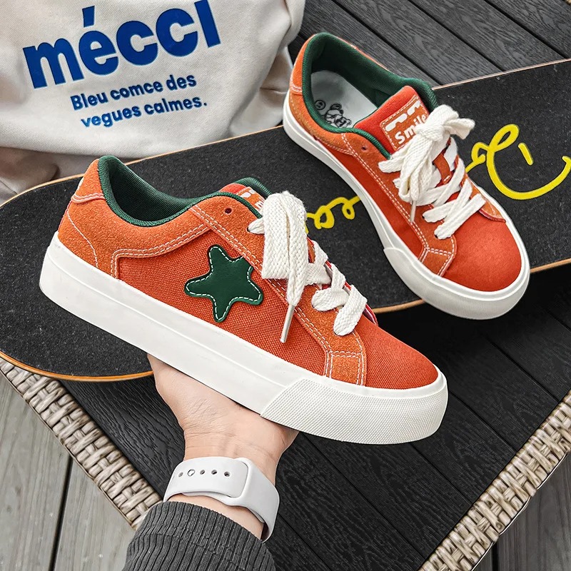 neakers Men Fashion Contrast Canvas Leather Panels Vulcanized Shoes Couple Sports Skateboard Shoes Men Trainers Fashionable Athletic Footwear for Coup