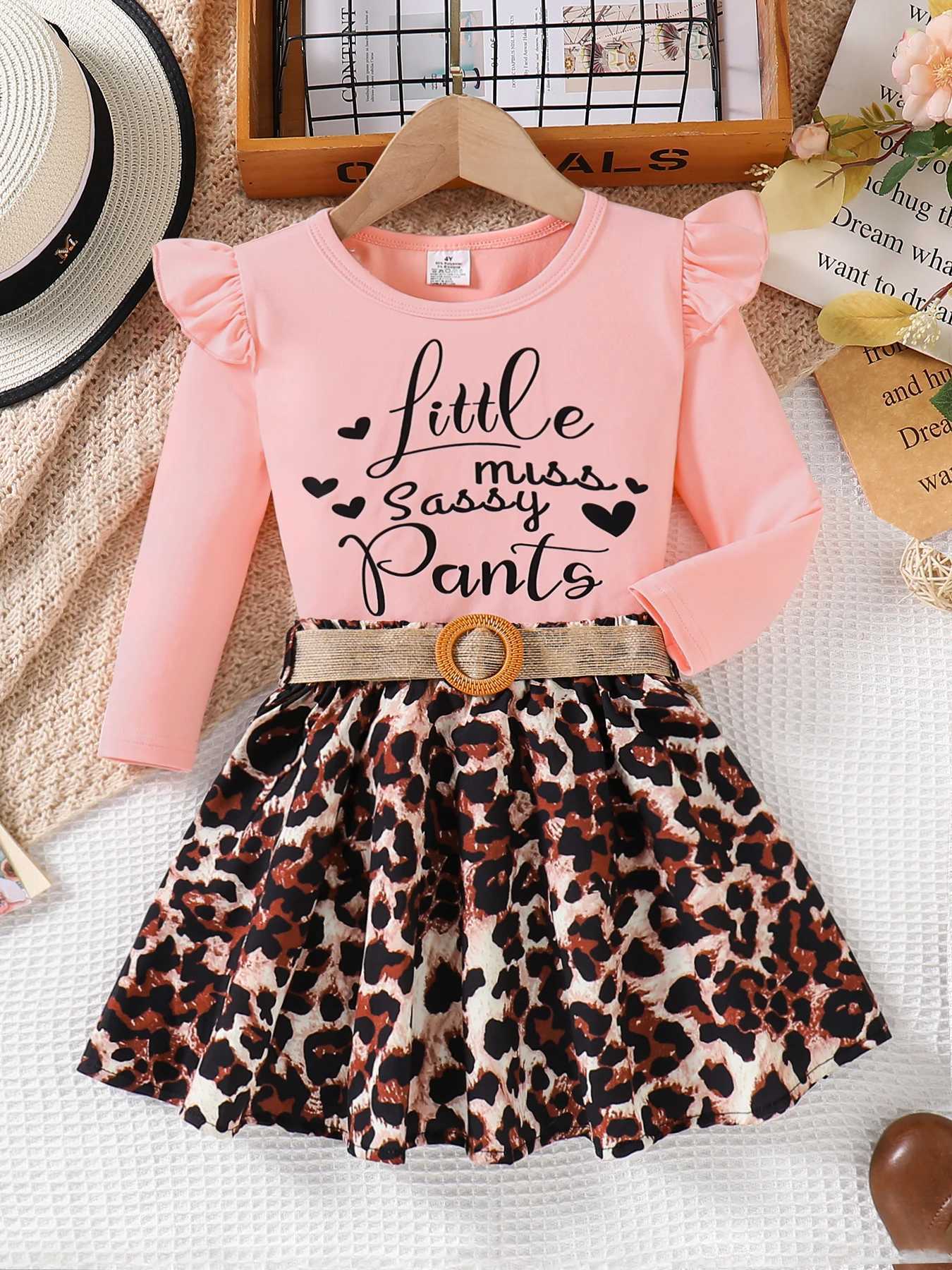 Spring and autumn cute girl fashion outdoor casual clothing pink round neck wing sleeve top leopard pleated skirt 2piece set L250926VOSA
