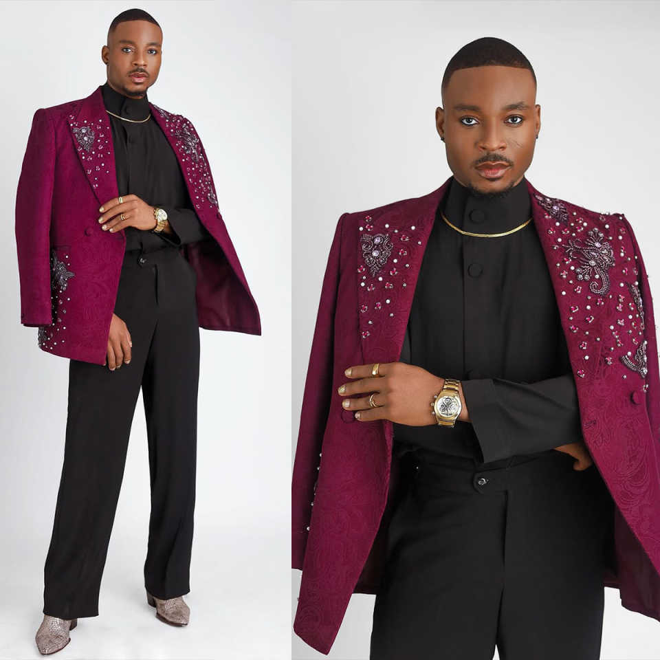 Shiny Men Suit 2 Pcs Blazer Pant Burgundy Double Breasted Crystal Applique Formal Office Groom Wedding Tuxedos Customized