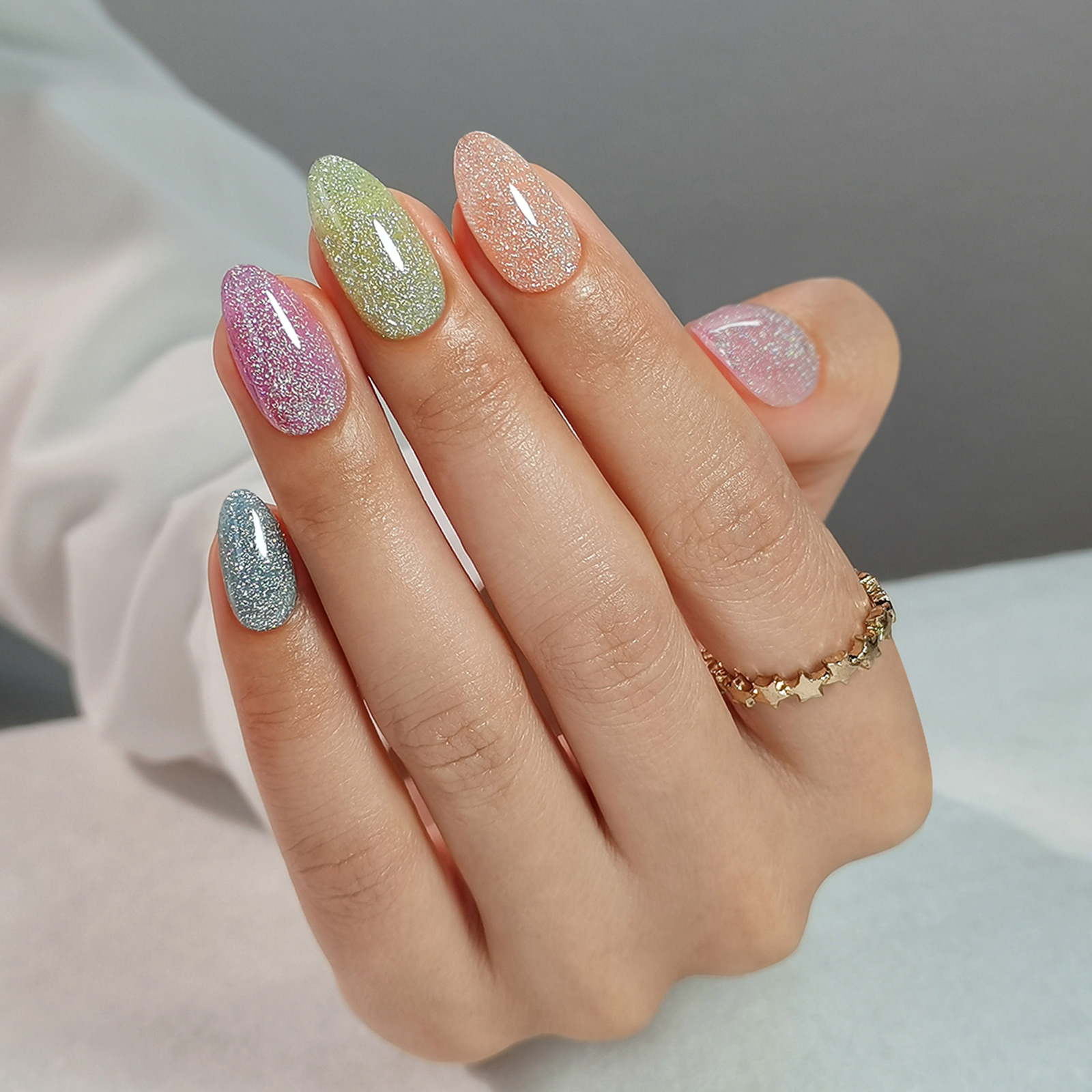 Colorful Candy Glitter Push-On Nails Almond Nails Glitter Diamonds - Soft Gel Fake Nails Gift for Women, Available in 16 Sizes - 32 Reusable Nails