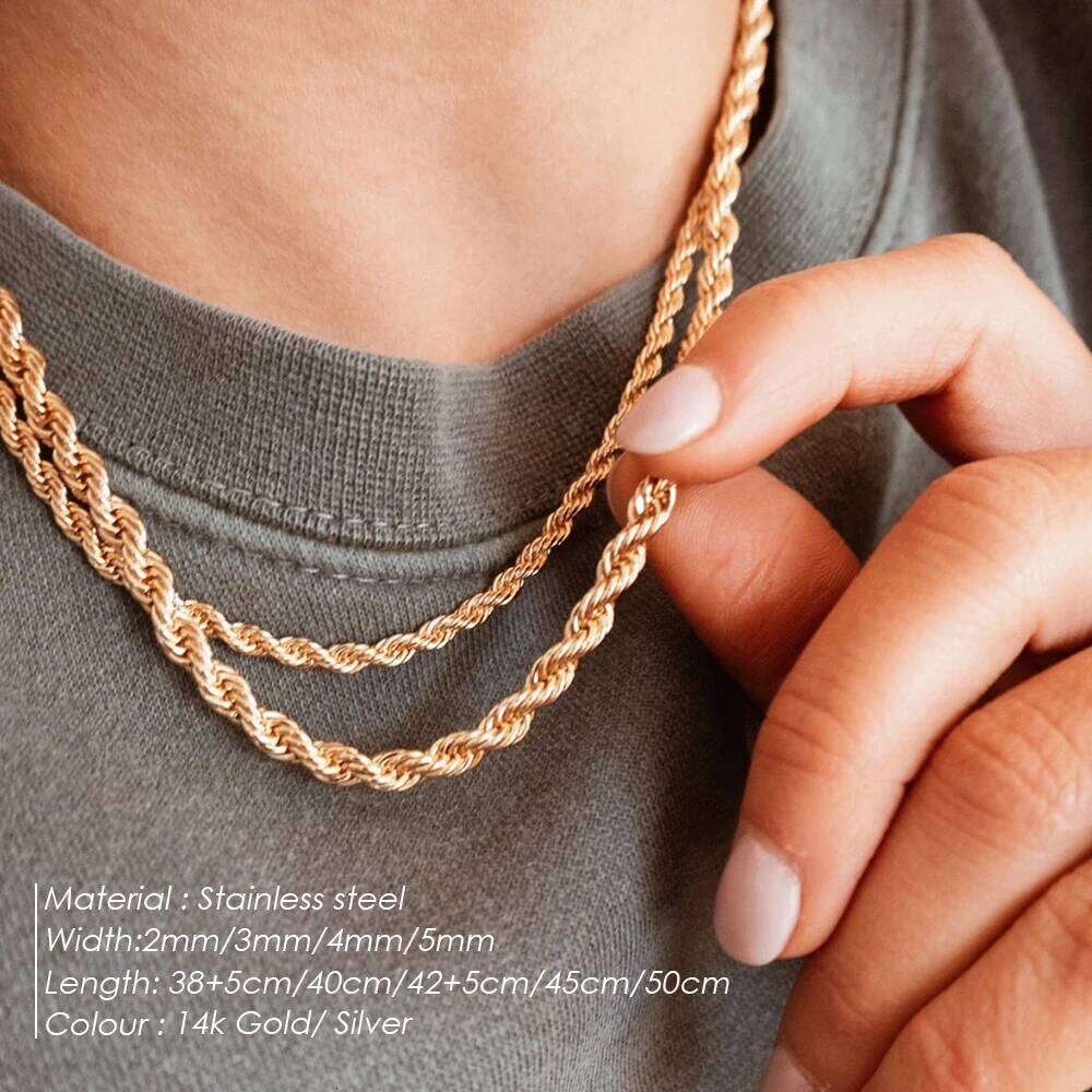 H.JEWEL 2/3/4/5MM 316 Rope Chain Necklace Stainless Steel Never Fade Waterproof Choker Men Women Jewelry Gold Color Chains Gif