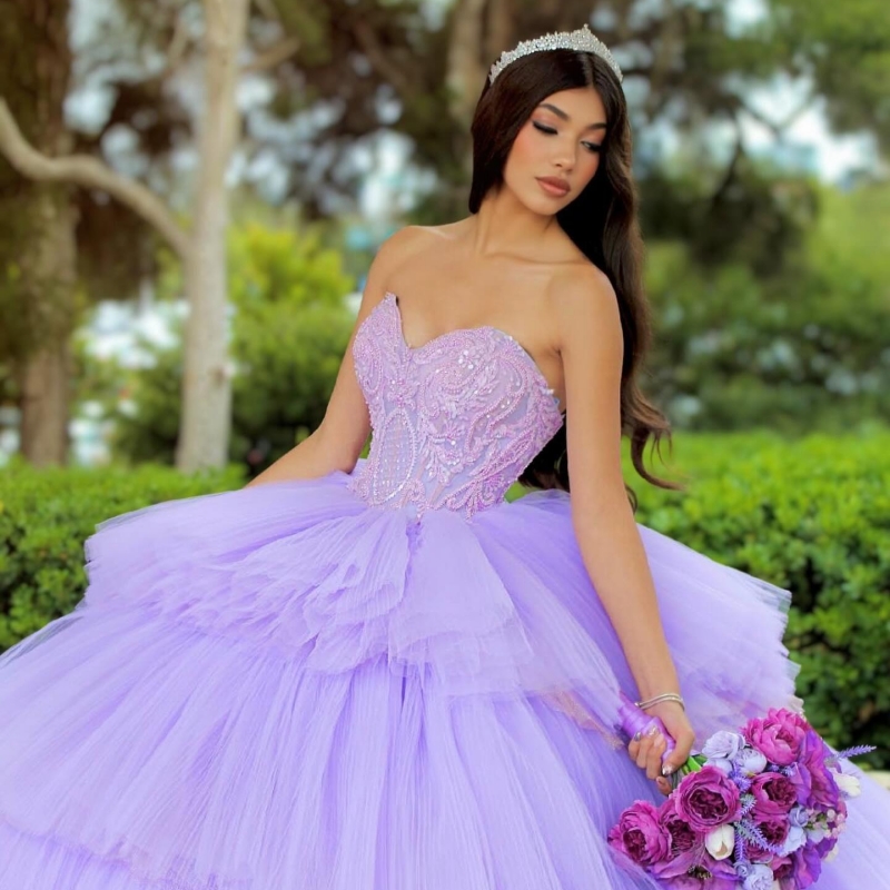 Lavender Quinceanera Dresses Off The Shoulder Sequin Applique Beading Corset Tiered Tull Party Birthday Sweet 16 Dress Vestidos 15 De Anos