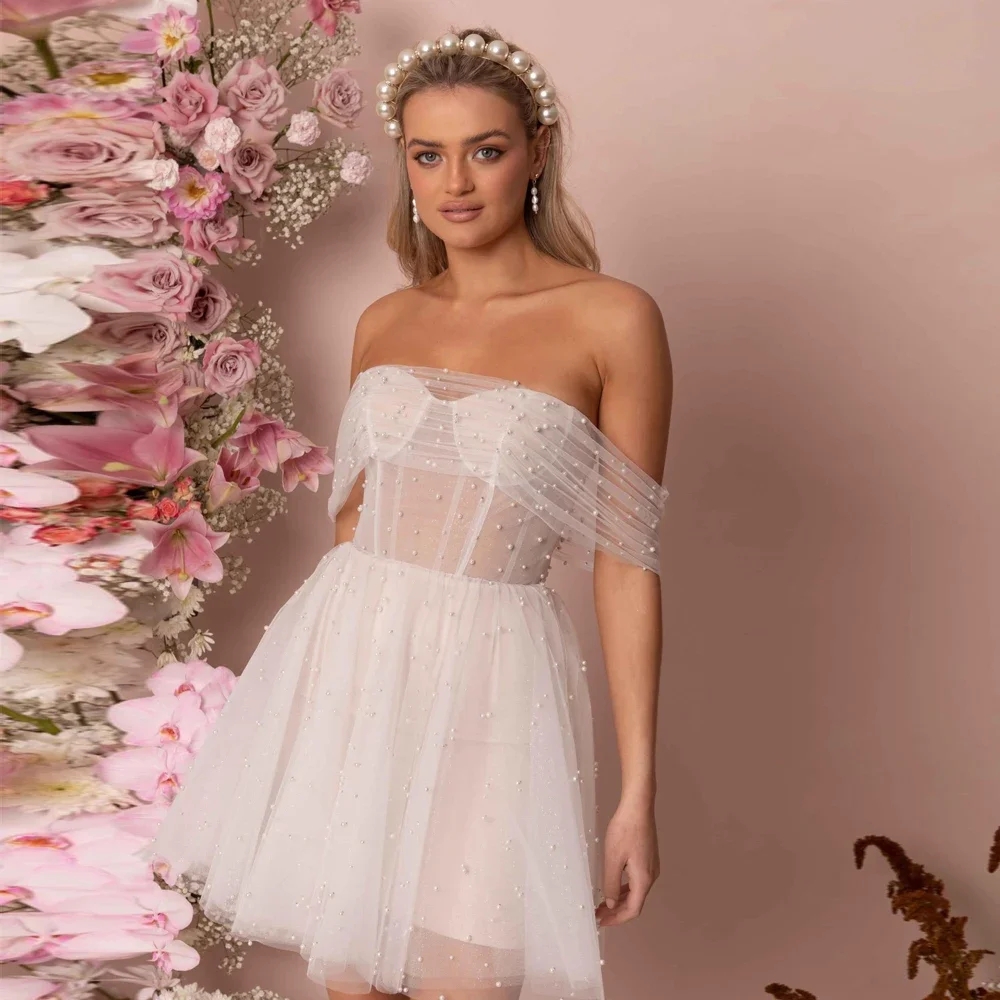 Classic Short Wedding Dress 2026 Off The Shoulder Pleats Pearls Tulle Mini A Line Bridal Party Grown Vestidos De Novia