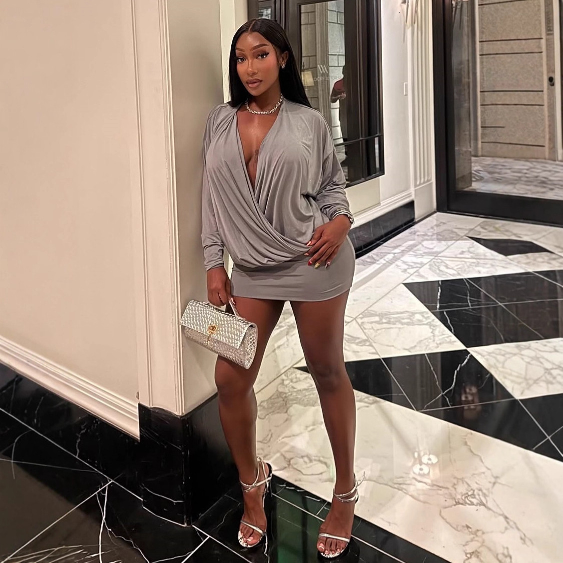 2025 autumn and winter new sexy V-neck slim fit patchwork dress designer with sexy dress