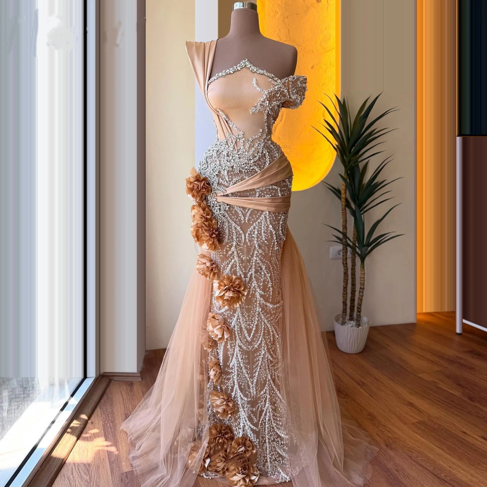 Gorgeous One Shoulder Evening Dresses Pearls Crystal 3D Flowers Prom Gowns with Overskirts Illusion Customized Vestidos De Noche Plus Size