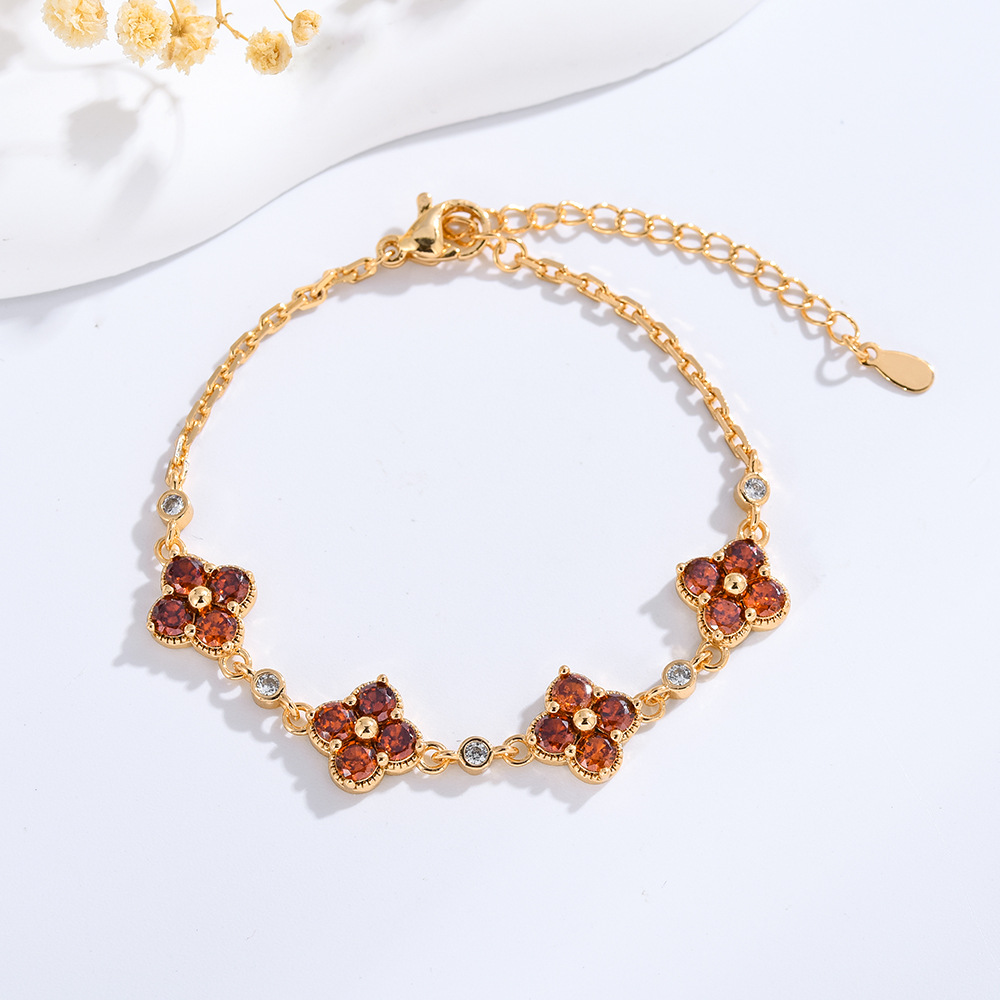High-End Colorful Gemstone Light Lucky Four-Leaf Flower for Women with Micro-Paved Zirconia, Exquisite Fashion Bracelet