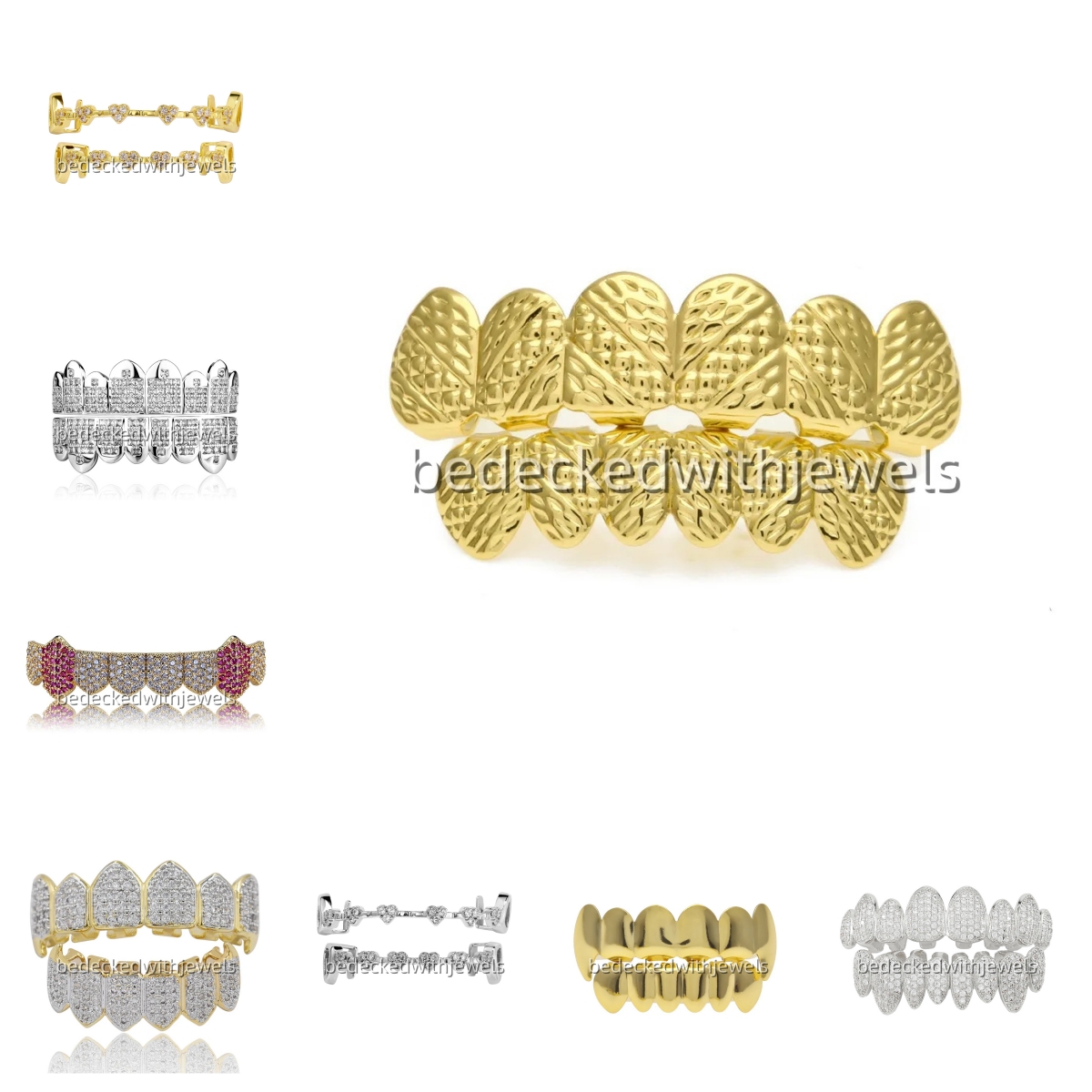 Mens Gold Grillz Teeth Set Fashion Hip Hop Jewelry High Quality Eight 8 Top Tooth & Six 6 Bottom Grills Custom Made Dental Grillz Iced Out Sterling Si