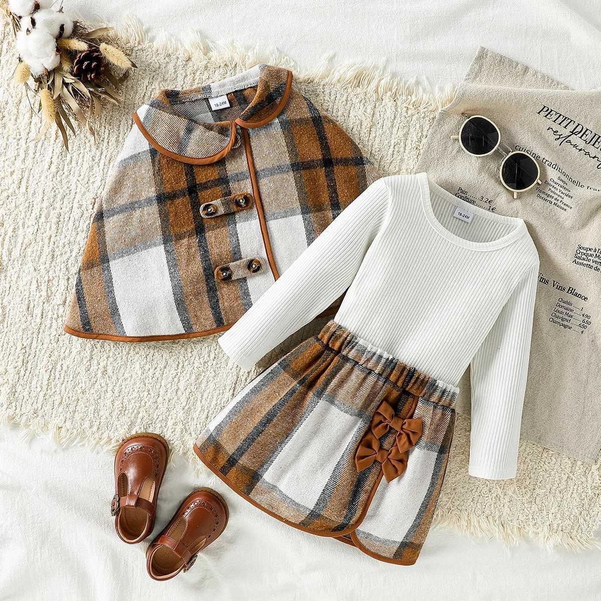 2025 3Pcs Kids Girls Autumn Skirt Set Long Sleeve Crew Neck Tshirt Plaid Skirt Fall Fashion Clothes Outfit Cloak For 16Y Suit L250926T3RO