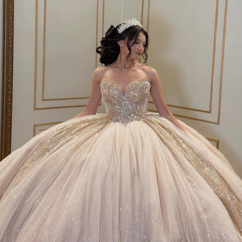 Champagne Shiny Quinceanera Dresses Off The Shoulder Beading Crystal Corset Tull Party Birthday Sweet 16 Dress Vestidos 15 De Anos