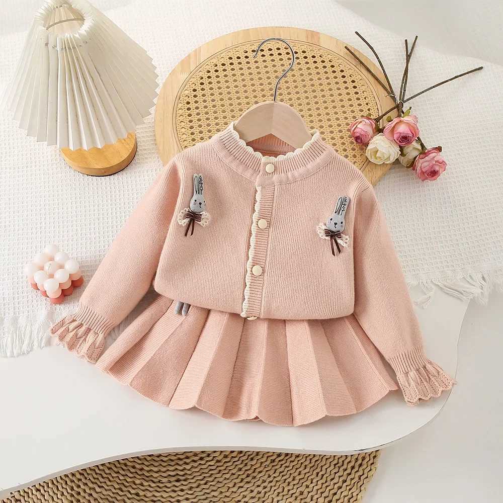 27Y Autumn Girls Clothing Set Knit Bunny Cardigans Pleated Skirt 2Pcs Knit Suit Girls Sweater Knit Outerwear L250926HC6N