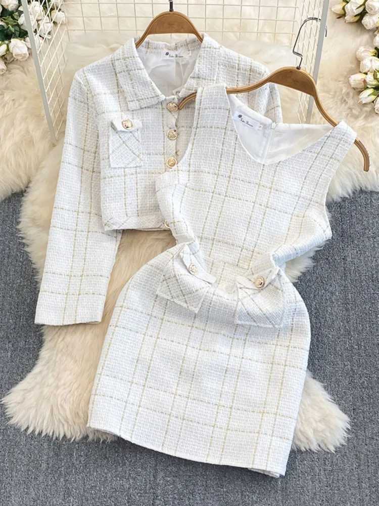 Autumn Dress Suit Women Luxury Korean Chic Blue Tweed Jacket Vest Dress Elegant 2 Piece Set Long Sleeve Cropped Coat L250926M703