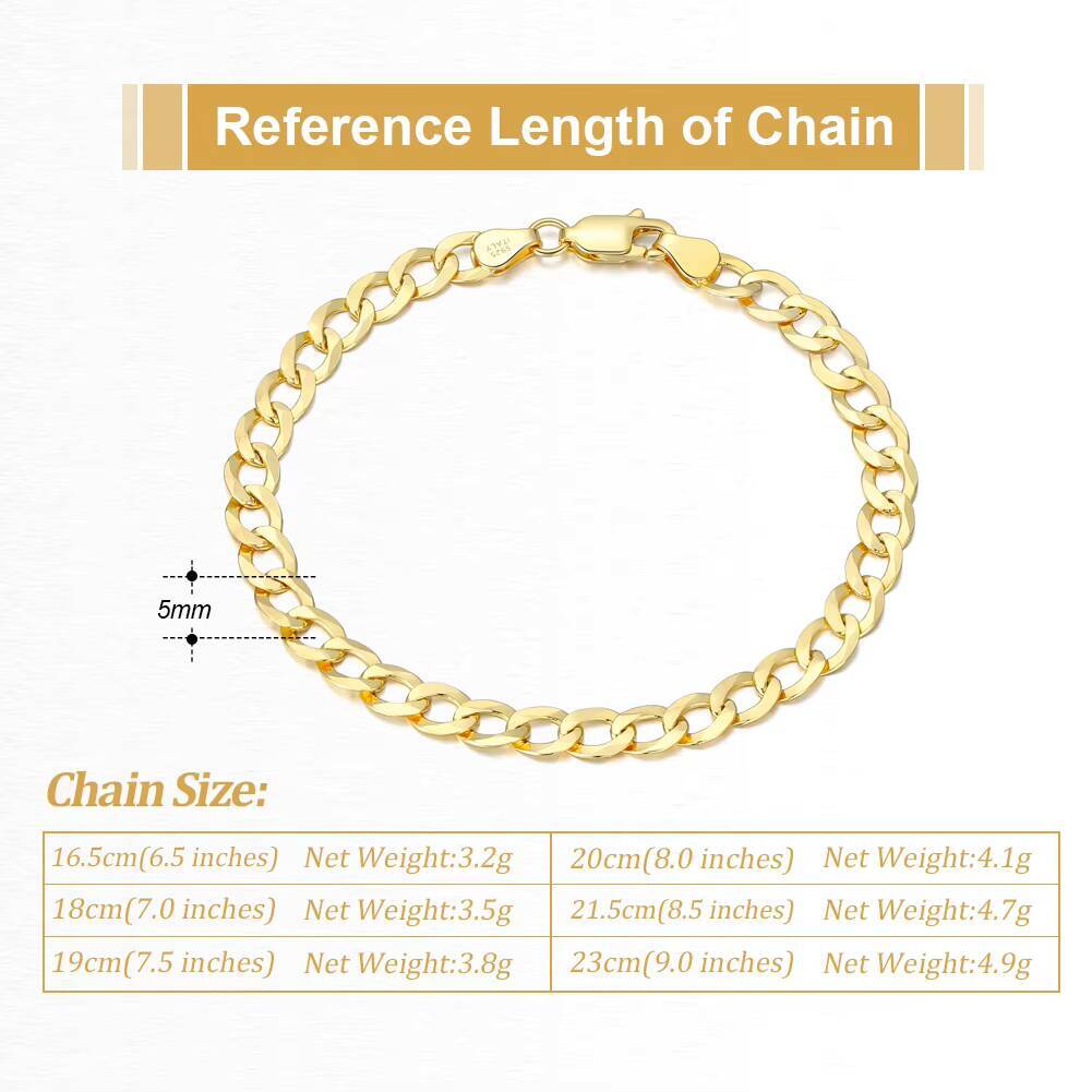 RINNTIN SB123 Handmade Italian 925 Sterling Silver 18K Gold 3mm 5mm DiamondCut Cuban Link Curb Chain Bracelet for Men Women
