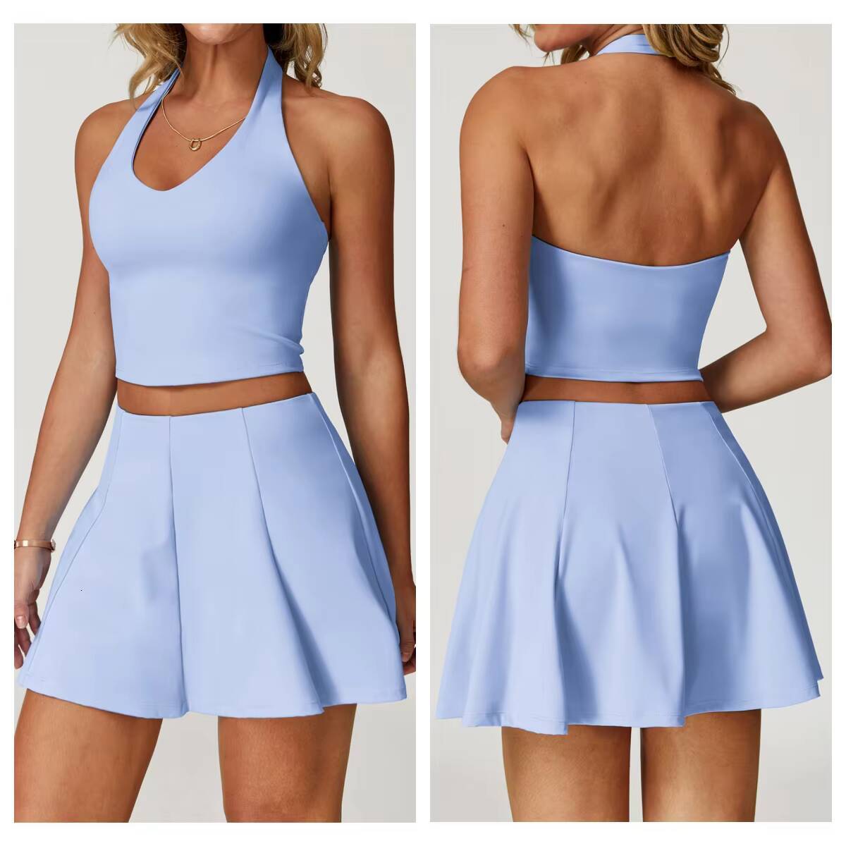 Womens Tennis Skirt Suit New TwoPiece Halter Neck Sports Bra and Skirts QuickDrying Fitness Sets