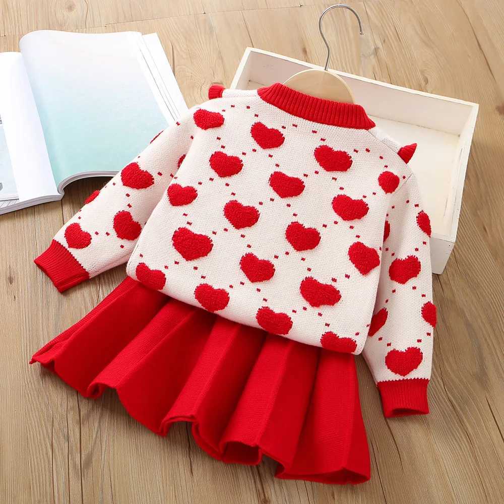 16 Years Baby Girls Sweater Clothing Set Autumn Winter Heart Print Knitted CardiganSkirt 2Pcs Suit For Girls Fashion Outfit L250926D9CL