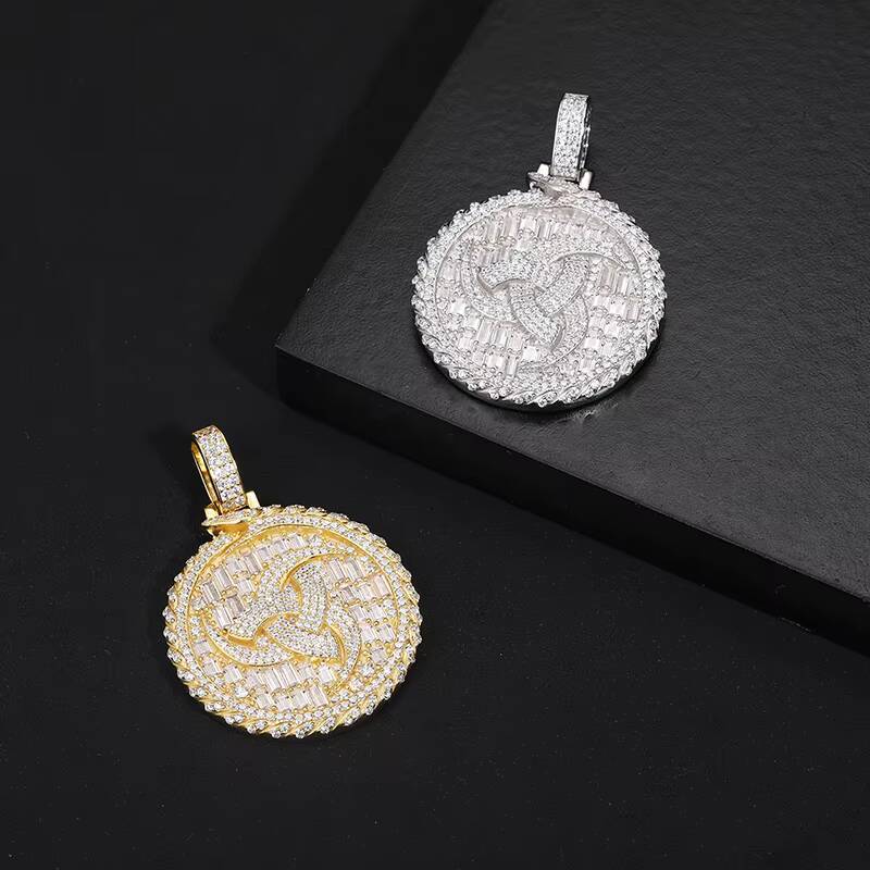 High Quality Baguette Moissanite Round Coin Pendant 925 Sterling Silver Lab VVS Diamond Iced Out Tourbillion Charm Necklace Men