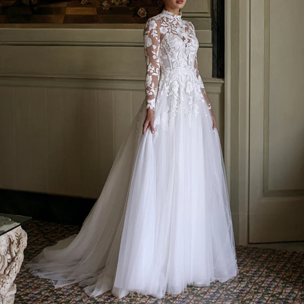 Classic A-line Wedding Dress 2026 High Neck Flowers Lace Appliques Illusion Long Sleeves Tulle Bride Party Gown Bridal Gowns Vestidos De Noiva