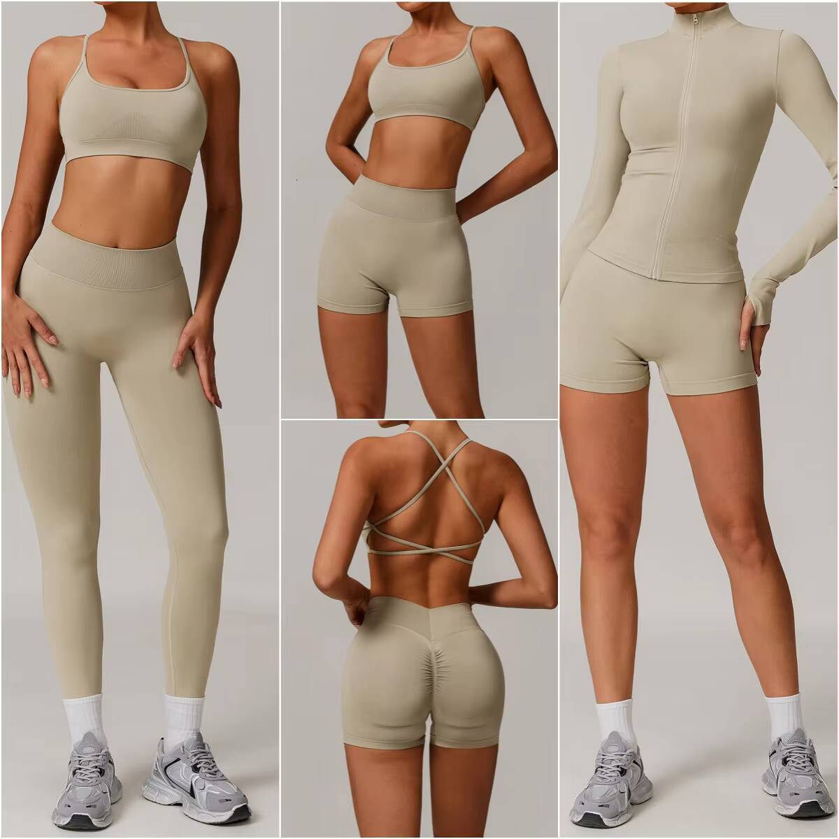 Women Fitness Suit Fashion Yoga Set Cross Back Bra Running Shorts Sports Jacket Gym Leggings Breathable 4 Piece Workout Outfit