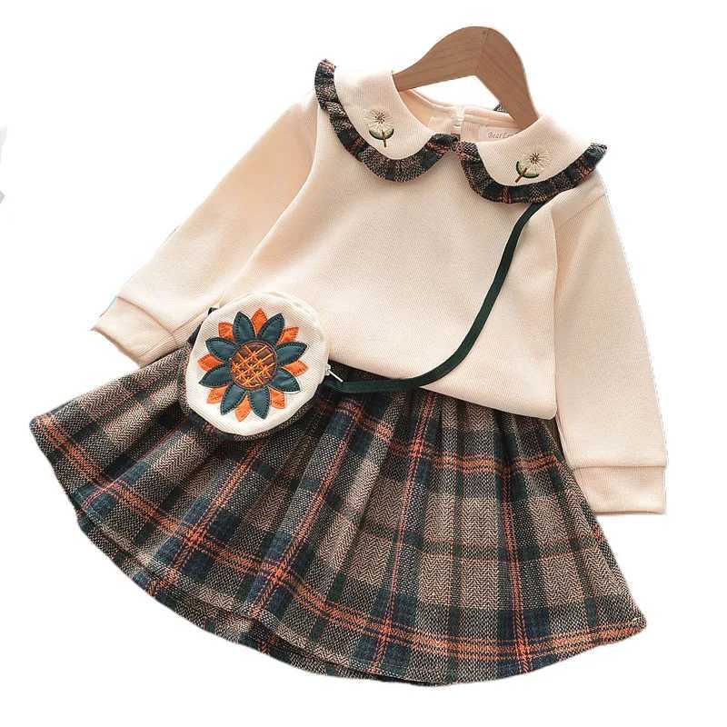 Girls suits college childrens versatile sweatshirt tops plaid pleated princess skirt twopiece set L25092662J8