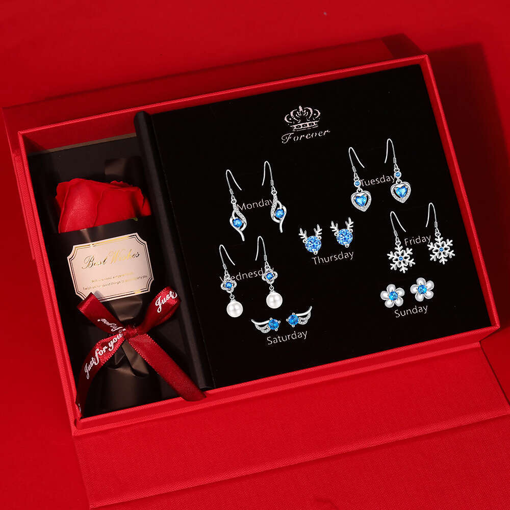 S999 Sier Needle One Week Box Set 2025 New Elegant Versatile Petite Earrings Gift