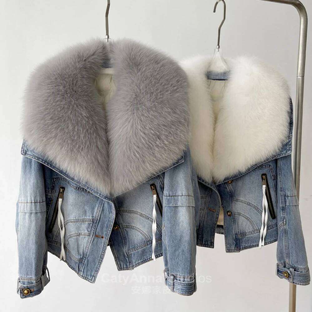 Spring 2025 New Womens Coats Real Fox Fur Collar Fashion Short Denim Jacket Goose Down Puffer Jackets 100% Natural
