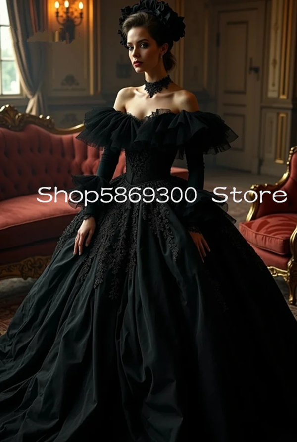 Black Gothic evening dresses Ruffles Off Shoulder Long Sleeves victorian prom gown Lace Appliques Halloween Costume Customized