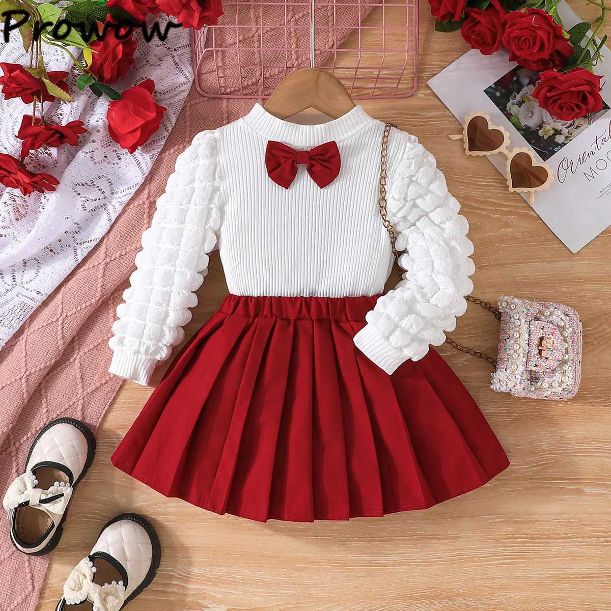 38Y Childrens Clothing Girls Autumn Winter Outfits Bubble Sleeve White Top and Pleated Skirt Two Piece Sets For Baby Kids Girl L250926FJS7
