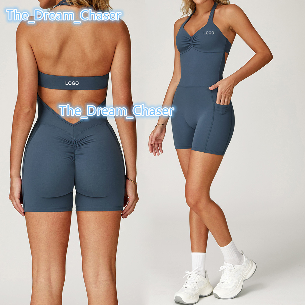 BNICE 3040 Women Workout Suits Side Pockets Fitness Outfit Women Playsuits Jumpsuits Sexy Halter Gym Wear v Scrunch Butt Lift