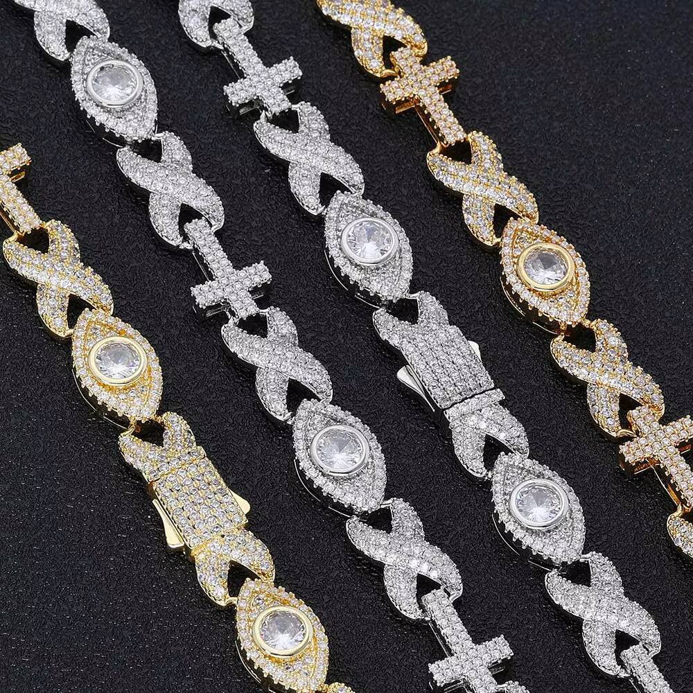 NUOYA New Style Iced Out Jewelry Inlaid Shiny Zircon Cross With Diamond Eyes Link Chain Gold Silver Hip Hop Cuban Chain Necklace