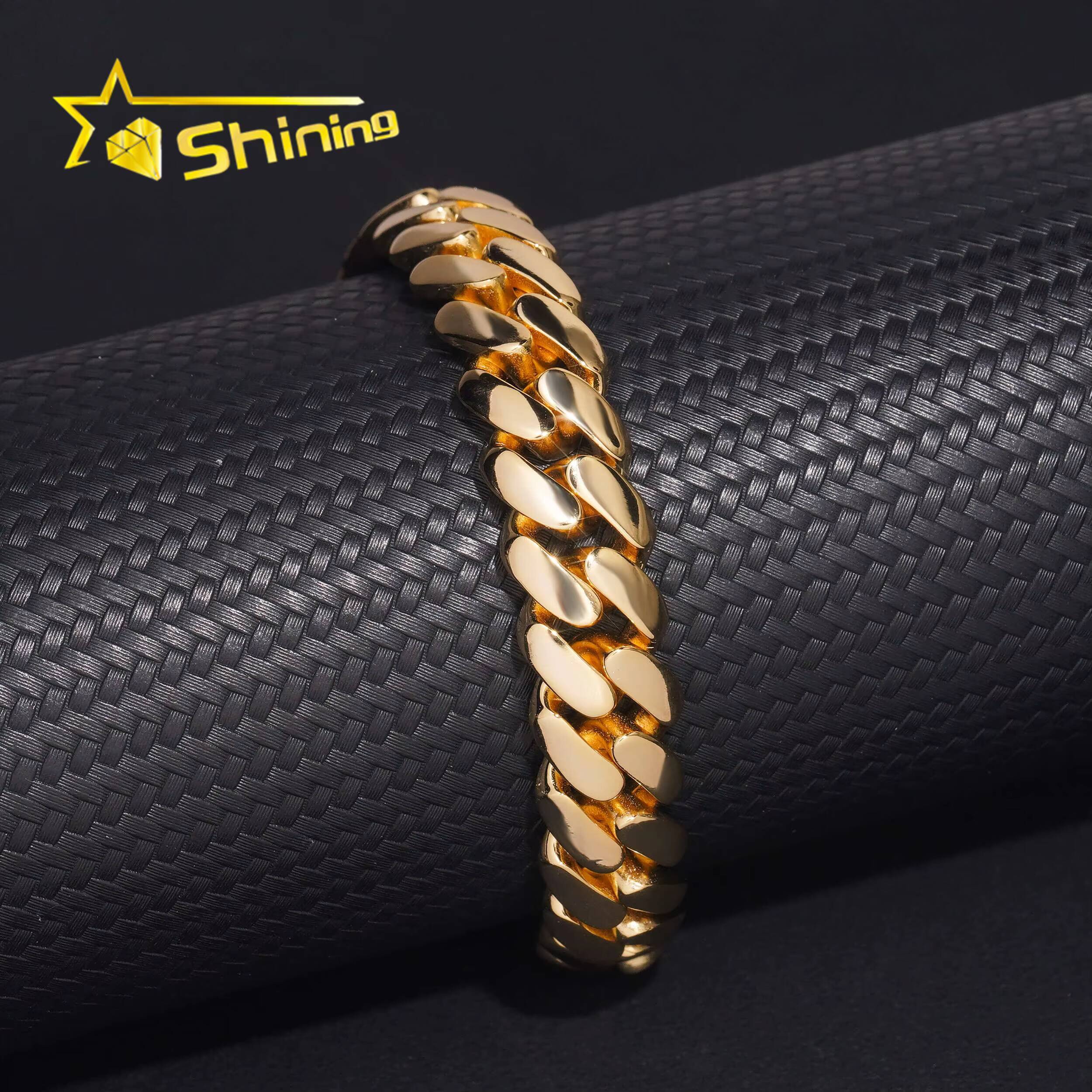 Hip Hop Jewelry Gold Plated 12mm Plain Cuban Bracelet with Moissanite Clasp Custom 925 Silver Bracelet for Men