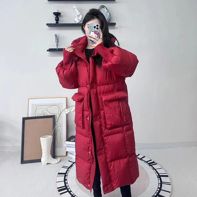 Schinteon Women White Duck Down Long Jacket Autumn Winter Casual Loose Warm Thick Outwear with Hood Fashion Coat 250917