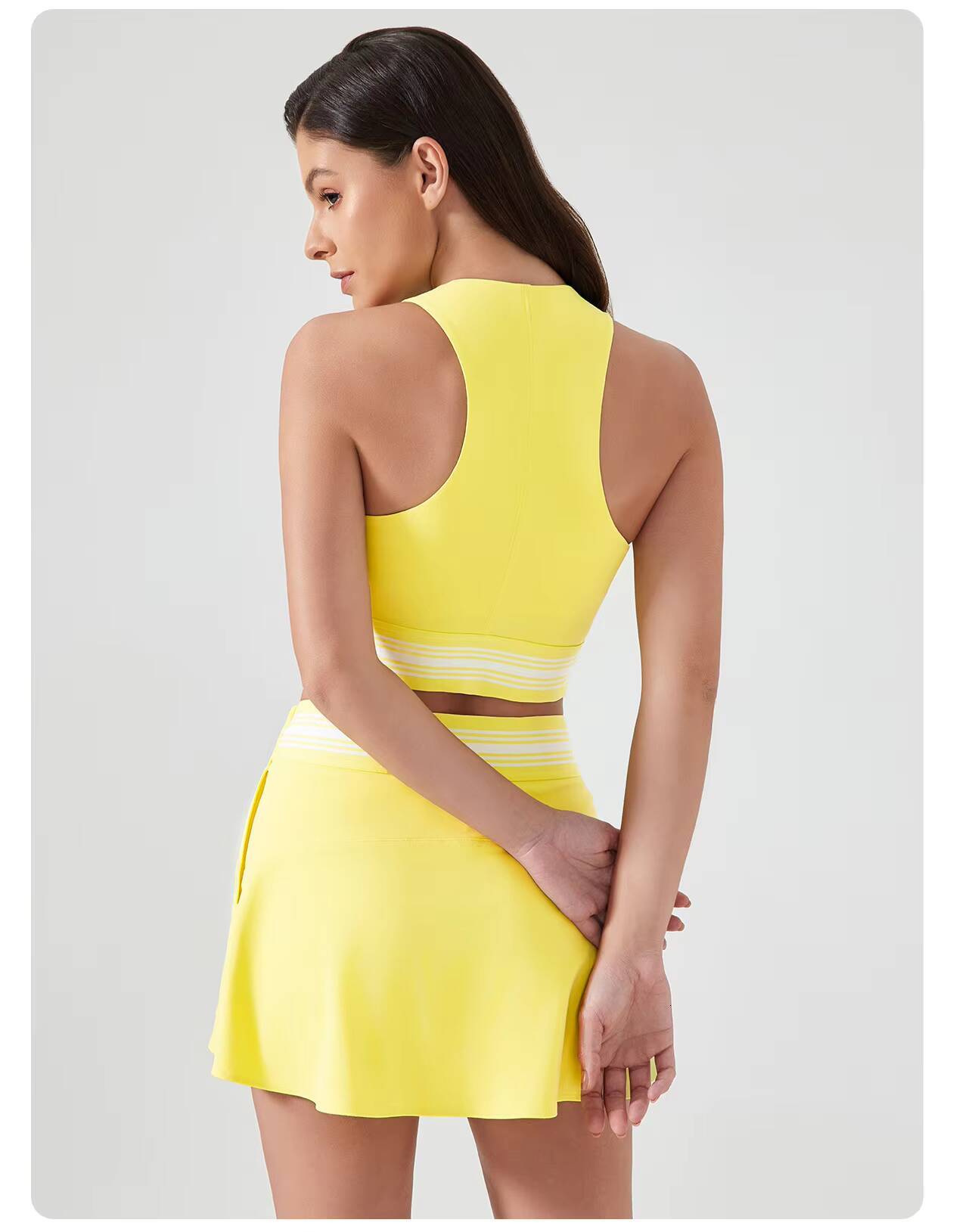 2PCS Contrast Color Tennis Skirt Yoga Suit Vest Top with Lining Short Skirt Suit Outdoor Sports Dance Pilates Fitness Clothes