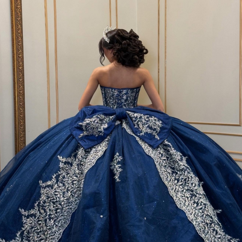 Navy Blue Shiny Quinceanera Dresses Off The Shoulder Applique Lace Beading Crystal Bow Corset Tull Party Birthday Sweet 16 Dress Vestidos 15 Anos
