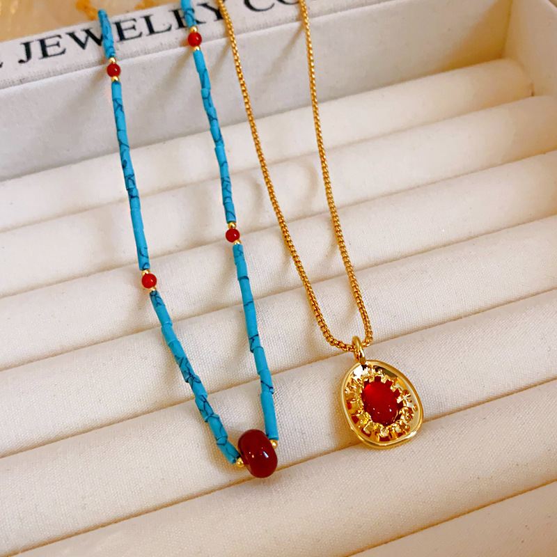 Gold - Toned Chain Necklace With Red Gemstone And Ornate Pendant Delicate Daily & Elegant Jewelry Gift For Her High - Quality And Stylish Accessory